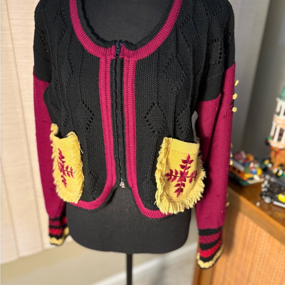 Vintage Inscription Rykiel Black and Burgundy Cardigan with Yellow Details
